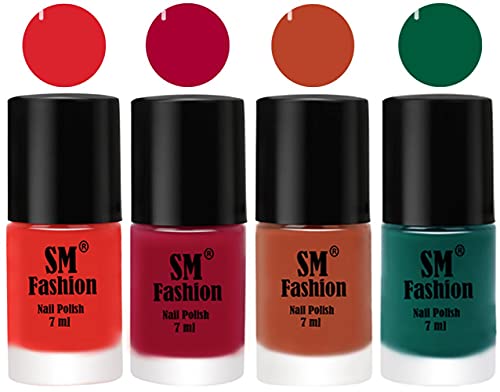 Image of Nail Polish Combo Set (Pack of 4) Quick Dry Gel Finish Nail Paint | Candy Orange,Dark Magenta,Light Coral,Green | 7 ml Each