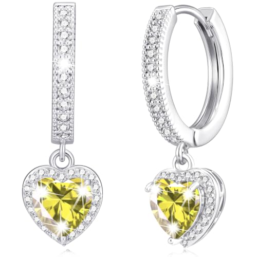 Image of Lunvky Sterling Silver Heart Birthstone Earrings for Women Girls 14k Gold Plated Diamond Hoop Earrings Dainty Huggie Drop Sleeper Earrings Birthday Jewellery Gifts for Mum Daughter