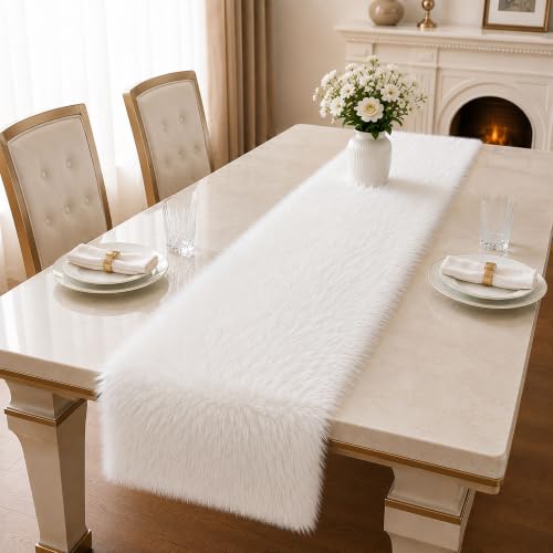 White Faux Fur Table Runner Christmas Fur Table Decor 11.8 x 36.0 Inch by TopAufell - Used condition - Image 7