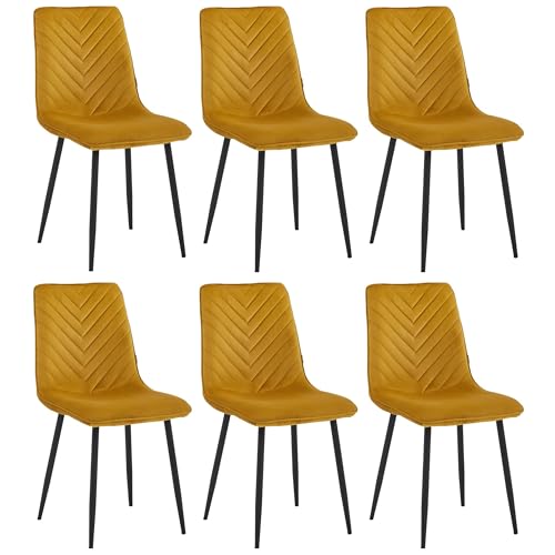 Colenis Chaise Salle à Manger, Lot de 6, Velours Jaune Ocre, Ambiance chaleureuse, Design Industriel, Pieds métal Noir, Assise Moelleuse,Senny