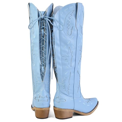 FancyQueen Blue Cowboy Boots for Women, Knee High Wide Calf Cowgirl Boot Women Lace Up Adjustable Western Boots, Blue 7.5 — view 5