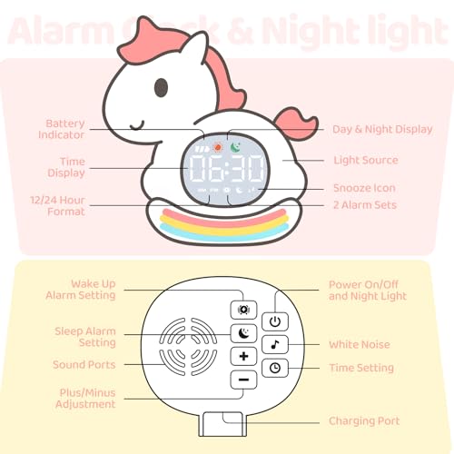 Alarm Clock with Night Light for Kids with Sleep Training and Sound Machine, Rechargeable Silicone Lamp OK to Wake Clock，Cute Animal Tabletop Lamp, Perfect Sleep Companion for Boys Girls,Pink Pony