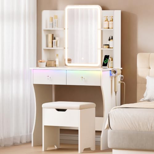 ARONELE Makeup Vanity Desk with LED Mirror and Lights, Storage-Stool, White