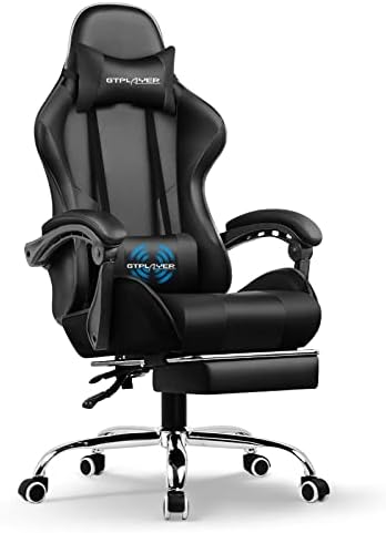 GTPLAYER Gaming Chair, Computer Chair with Footrest and Lumbar Support, Height Adjustable Game Chair with 360°-Swivel Seat and Headrest and for Office or Gaming (Black)