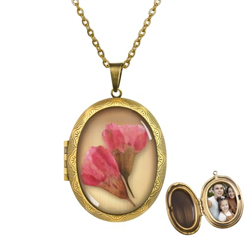 Gladiolus Pressed Flower Necklace,Handmade Oval Shaped Photo Locket Necklace, August Birth Flower Necklace for Women,Personalized Vintage Picture Locket Necklace, Symbols of Courage and integrity