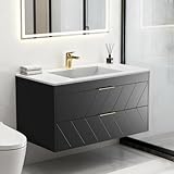 CVYIIUJ 24 Inch Bathroom Vanity with Sink, Modern Floating Vanity with Resin Sink, 2 Large Storage Darwers, Wood Grain Texture Wall Mounted Bathroom Vanities, Gold Handles
