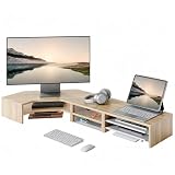 Fenge Dual Monitor Stand, Corner Desk Shelf with Drawer & Slide-Out Tray