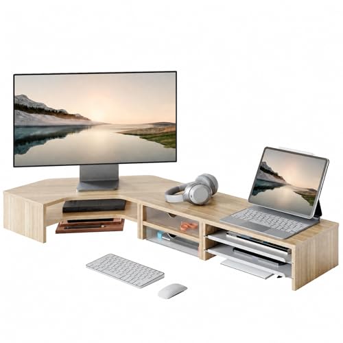 Image of Fenge 42.5Inch Corner Monitor Stand with Drawer, 3-Tier Monitor Riser with Slide-Out Tray