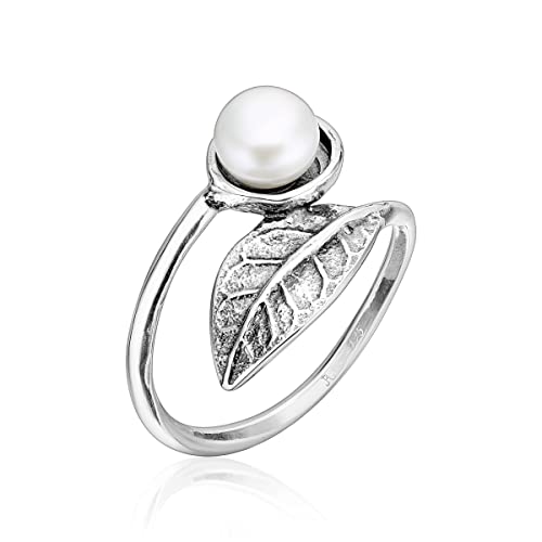 Jean Rachel Jewelry 925 Sterling Silver Ring With A Fresh Water Pearl, Leaf Shaped, Vintage Look, Hypoallergenic, Nickel And Lead-Free, Artisan Handcrafted Designer Collection, Made In Israel #TOP26