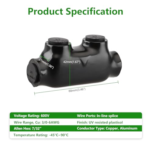 Wengart Black Insulated Connector,3/0-6 Gauge Wire Connectors Aluminum to Copper,7/32\" Hex Screw,6061-T6 Aluminum CU9AL,UL Listed - Thumbnail 4