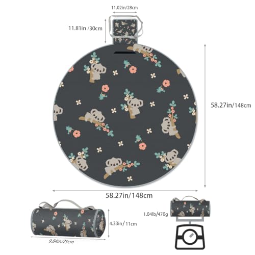 Shimoshe Koala Floral Picnic Outdoor Blanket Foldable Waterproof Sandproof Beach Blanket Portable Water-Resistant Round Picnic Mat for Travel Camping Park Lawn