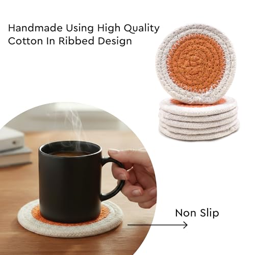 Image of Encasa XO Drink Coasters Set of 6 | Coral & Off White with Round (9 cm) | Handcrafted Ribbed Cotton | Absorbent & Heat-Resistant | Use for Tea, Coffee Table & Desk