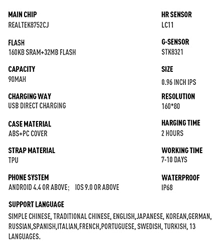 A detailed list of technical specifications for the DP WO-FIT V101 smart watch band, including chip, sensor, flash, capacity, display, resolution, charging, and compatibility.