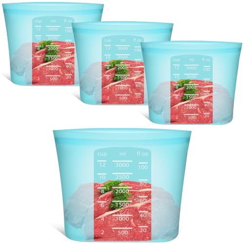 Reusable Food Storage Bags Extra Large, 0.8 Gallon/101 fl.oz/3000 ml, 4 Pack 100% Silicone Food Storage Bags Stand-Up Wide-Mouth Zip-Lock for Large Items, Freezer Microwave Oven Dishwasher Safe, Blue by Annaklin - Used condition - US$36.85