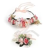 Wodasi Rosa Braut Haarschmuck mit Armband-Set, Blumen Stirnband Hochzeit Haarkranz Krone, Verstellbares Blumen-Haarband, Frauen Mädchen Blumenkranz Haare für Hochzeit Party