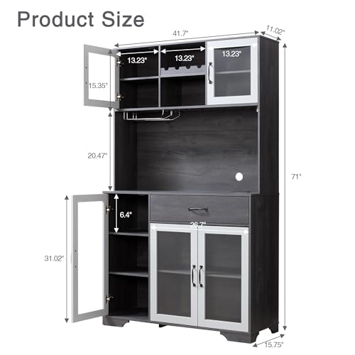 Image of Fatmok 71 inch Pantry Cabinet with Wine Rack and Charging Station, Set of 2 Tall Coffee Bar Cabinets with LED Lights, Drawer, Adjustable Shelves, Kitchen Hutch Storage, Grey