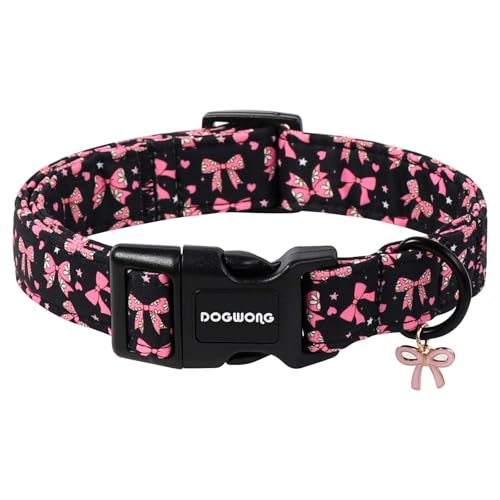 DOGWONG ピンクドッグカラー、快適な調節可能なブラックピンクボウガール女性犬の首輪、プラスチックバックル付き、小型中型犬、首27.9-40.6 cmの商品画像（Amazon）