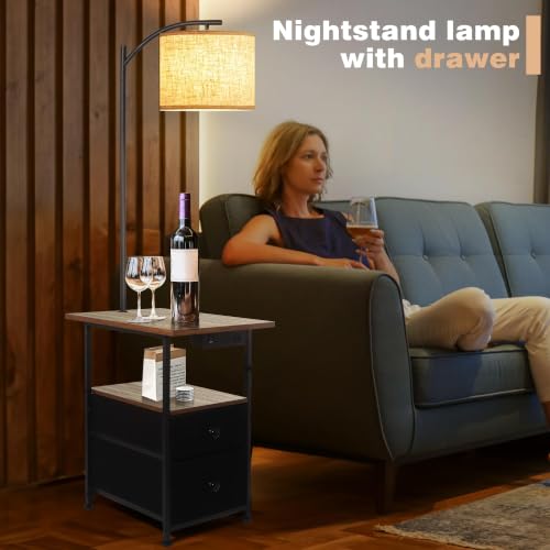 Image of PESRAE Floor Lamp with Table & 2 Drawers, End Table with Lamp, Vintage Grey | Charging Station with USB, Type-C & AC Outlet; 9W LED Bulb with 3 Color Temperatures for Bedroom, Living Room & Home Office