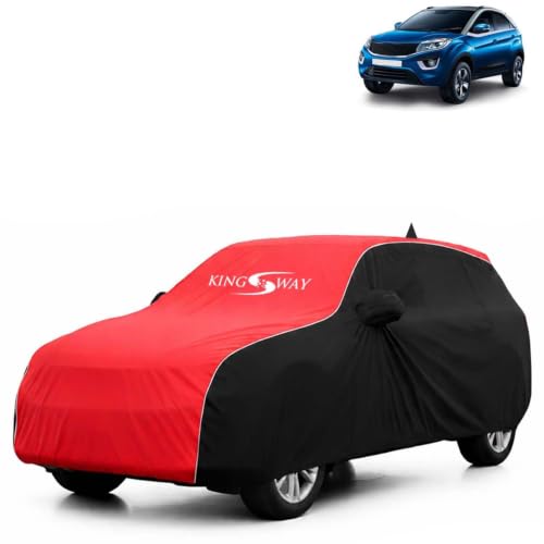 Image of KINGSWAY Super Waterproof Car Cover Only with Tata Nexon (Year 2017 to 2019 - All Model) | Mirror and Antenna Pockets | All Weather Car Body Cover with Silver Piping | Black Red