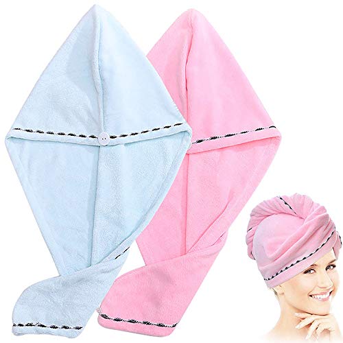 NIUTA 2 Pack Hair Towel Wrap, Microfiber Quick Drying Hair Towels, Super Absorbent Quick Dry Hair Towel, Wrapped Bath Cap (Pink+Light Blue)