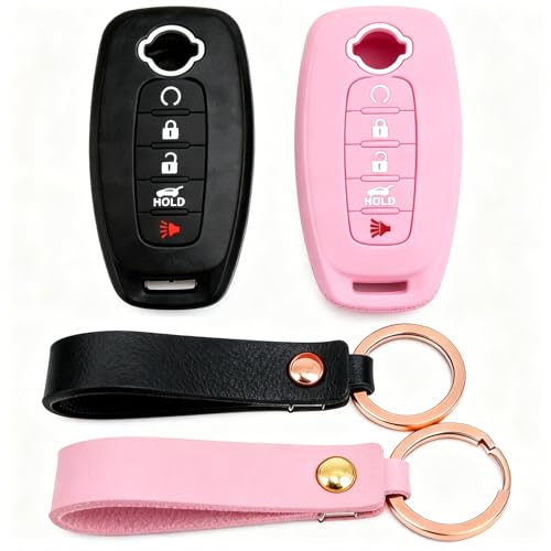 TyranCoupe Silicone Key Fob Cover 2 Pack, Key Protector - 360° Key Protection Case for 2023-2026 Nissan Rogue/Pathfinder/Sentra, 5-Button Anti-Scratch Key Cover (Black/Pink)