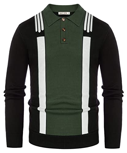 Men Button Striped Sweater Vintage Polo Neck Pullover Sweater Armygreen S #TOP18