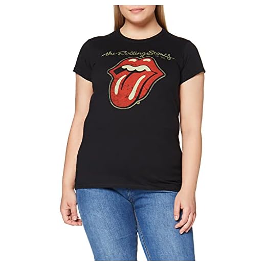 Rolling Stones Plastered Tongue Camisa, Negro, M para Mujer