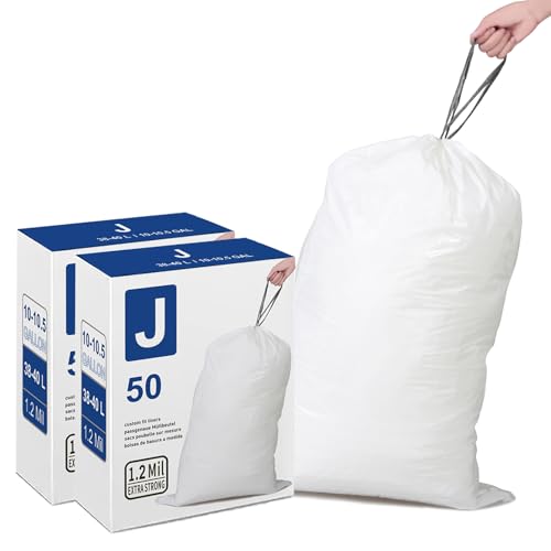 8-12 Gallon Code J Heavy Duty 1.2 Mil THICK Drawstring Plastic Trash Bags Compatible with simple Code J White Garbage Can Liners Leak-Proof & Tear Resistant 2 Packs(100 Count Total)