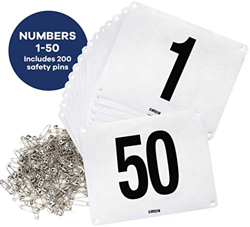 Clinch Star Running Bib Large Numbers with Safety Pins for Marathon Races and Events – Tyvek Tearproof and Waterproof 6 X 7.5 Inches (Number 1-50)