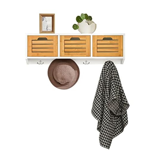 SoBuy FHK19-WN Wandgarderobe Flurgarderobe Kleiderhaken Hängeregal mit 3 Körben und 4 Haken Garderobe Natur BHT ca.: 80x25x20cm
