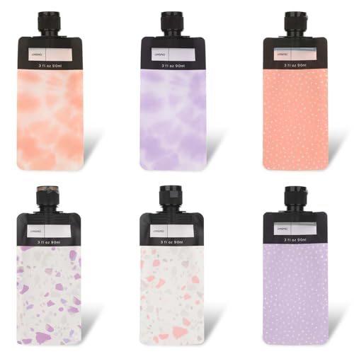 Qianyu 6 Pack Leak Proof Empty Squeeze Pouches Refillable Travel Size Containers Portable Shampoo Conditioner Liquid Container Travel Bottles for Toiletries Lotion Face Cream Hand Soap