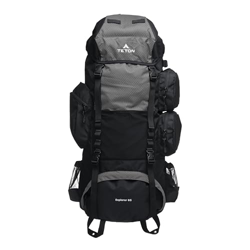 Teton 65L Explorer Internal Frame Backpack for Hiking, Camping, Backpacking, Rain Cover Included, Graphite