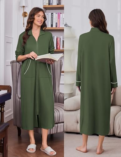 Image of Ekouaer Zipper Robes for Women Long Sleeve Lightweight House Coats with Pockets Zip Up Bathrobe Loungewear S-3XL