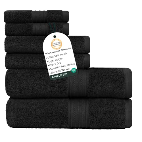 Feather & Stitch 100% Cotton 625 GSM Bath Towel Set of 6, Black