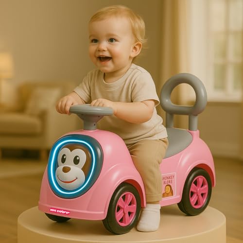 Image of MiniExplorer Monkey Ride-On Toy Car for Kids | Push Ride Car with Music, Horn, Backrest, Safety Guard, Under Seat Storage & Big Wheels | Baby Ride-On for 1-3 Years Boys & Girls - Pink