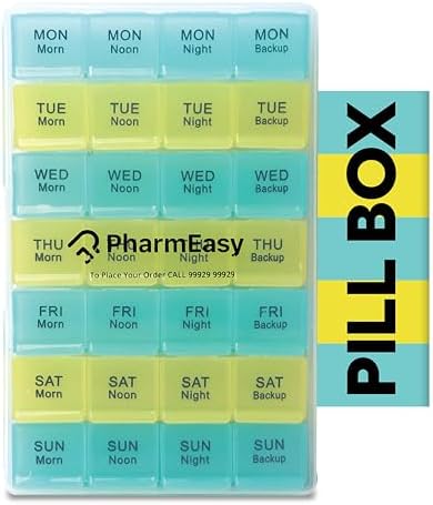 PharmEasy 7 Day Weekly Pill Box, Durable Medicine Organizer Box with Extra Large Multicoloured Compartments and BPA Free Material for Moisture Free Storage - Portable Tablet organiser.
