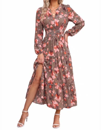 Image of GRACE KARIN Women's Floral Maxi Dress 2026 Fall Long Sleeve V Neck Empire Waist A Line Flowy Dress with Pocket
