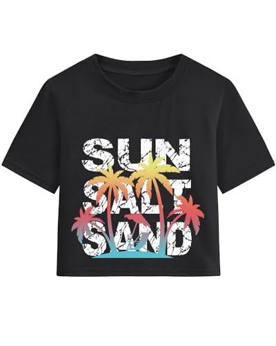 Image of DDSOL Girls Crop Tops Summer Palm Tree Sunset Beach Shirt Hawaii Short Sleeve Tropical Tshirts for Teen Girl 6-14 Years