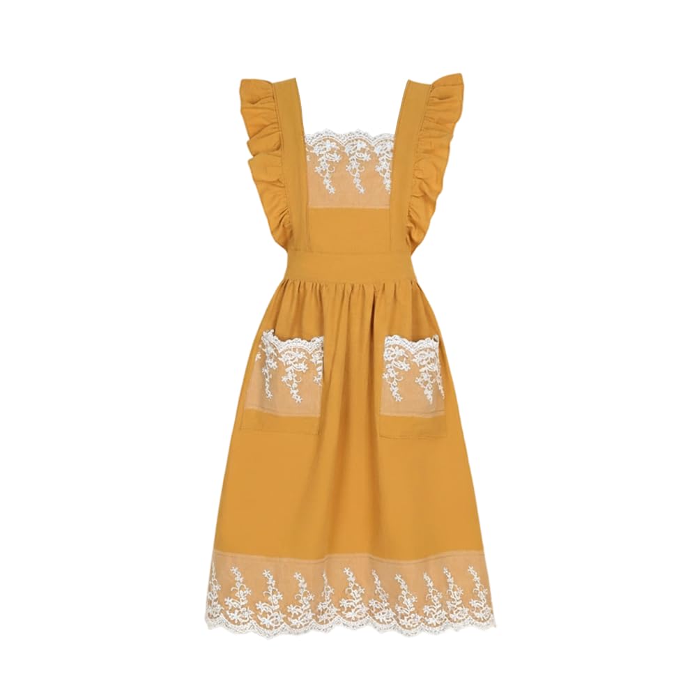 BDKMMS Cotton Cooking Apron, Household Aprons Dress with Side 2-Pocket, Lace Cooking Baking Dress for Gardening c