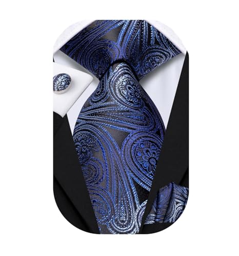 Image of Dubulle Mens Black Blue Paisley Floral Tie for Men Striped Necktie and Pocket Square Cufflinks Set Wedding Business
