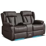 WISHDEER Power Reclining Loveseat Sofa, Loveseat Recliner Couch with Console, RV Recliners for Travel Trailers, Home Theater Seating with Cup Holders/LED/Drawer/USB/USB C for Living Room(Brown)