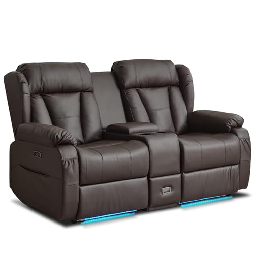 WISHDEER Power Reclining Loveseat Sofa, Loveseat Recliner Couch with Console, RV Recliners for Travel Trailers, Home Theater Seating with Cup Holders/LED/Drawer/USB/USB C for Living Room(Brown)
