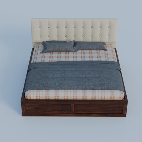 Image of Sheesham Wood Queen Size Bed with Storage Box | Upholstered Beds | Platform Cot with Cushioned Headboard | Double Bed for Home | Recommended Mattress 78x60 Inch | Cream & Walnut Finish