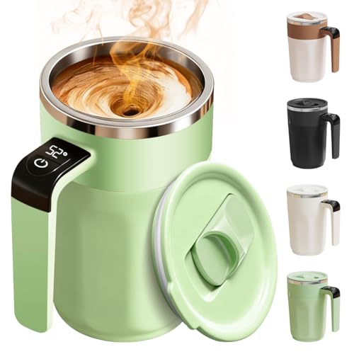 CALORPET Automatic Stirring Coffee Cup with Temperature Display, Rechargeable Coffee Mug, 13.5oz Self-Stirring Mug with Lid, Stainless Steel Material Suitable, Milk, and Other Beverages (Green)
