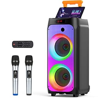 JYX Machine de karaoké avec 2 Microphones sans Fil pour Adultes, Grande Karaoke Enceinte Complet avec Lumières de fête, Portable Système Karaoké Support TWS/AUX/FM/USB/TF Carte