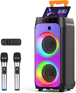 HWWR Karaoke Machine with 2 Wireless Microphones for Adults, Portable Bluetooth Speaker with Wheels and Disco Lights, Big Subwoofer PA System, Party Karaoke Speaker Support TWS/USB/TF Card/AUX/REC