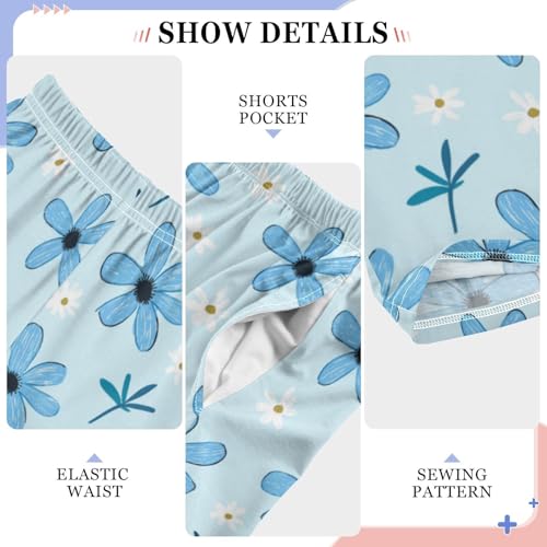 Cute Blue Daisy Floral Boys Pants for Kids Jogger Pants with Pockets S4