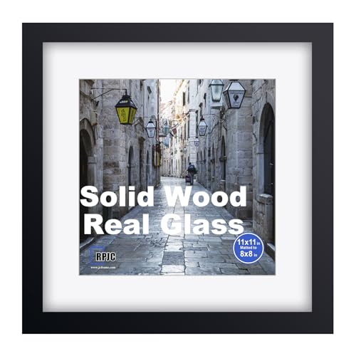 RPJC 11x11 Picture Frame Made of Solid Wood and High Definition Glass Display Pictures 8x8 with Mat or 11x11 Without Mat for Wall Mounting Photo Frame Black