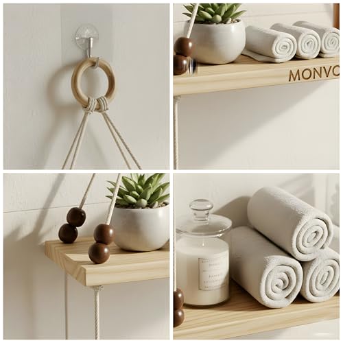 Image of 2Tier Hanging Shelf with Magic Hook, Use Decor Plants, Books, Decorative Gift Items Nursery Livingroom Wooden Beads & Ring Woven Bohemian Chic for Dorm