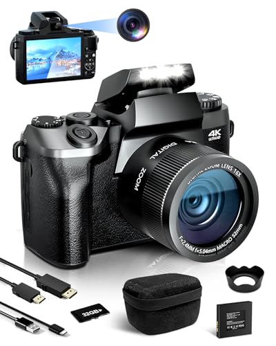 Fine Life Pro Digitalkamera 4K 64MP Fotokamera mit 4.0' Touchscreen, 16X Digitalzoom Kompaktkamera Mit Selfie-Frontkamera für Anfänger mit WiFi, mit Kameratasche, Haube, 32GB TF-Karte(Doppellinse)